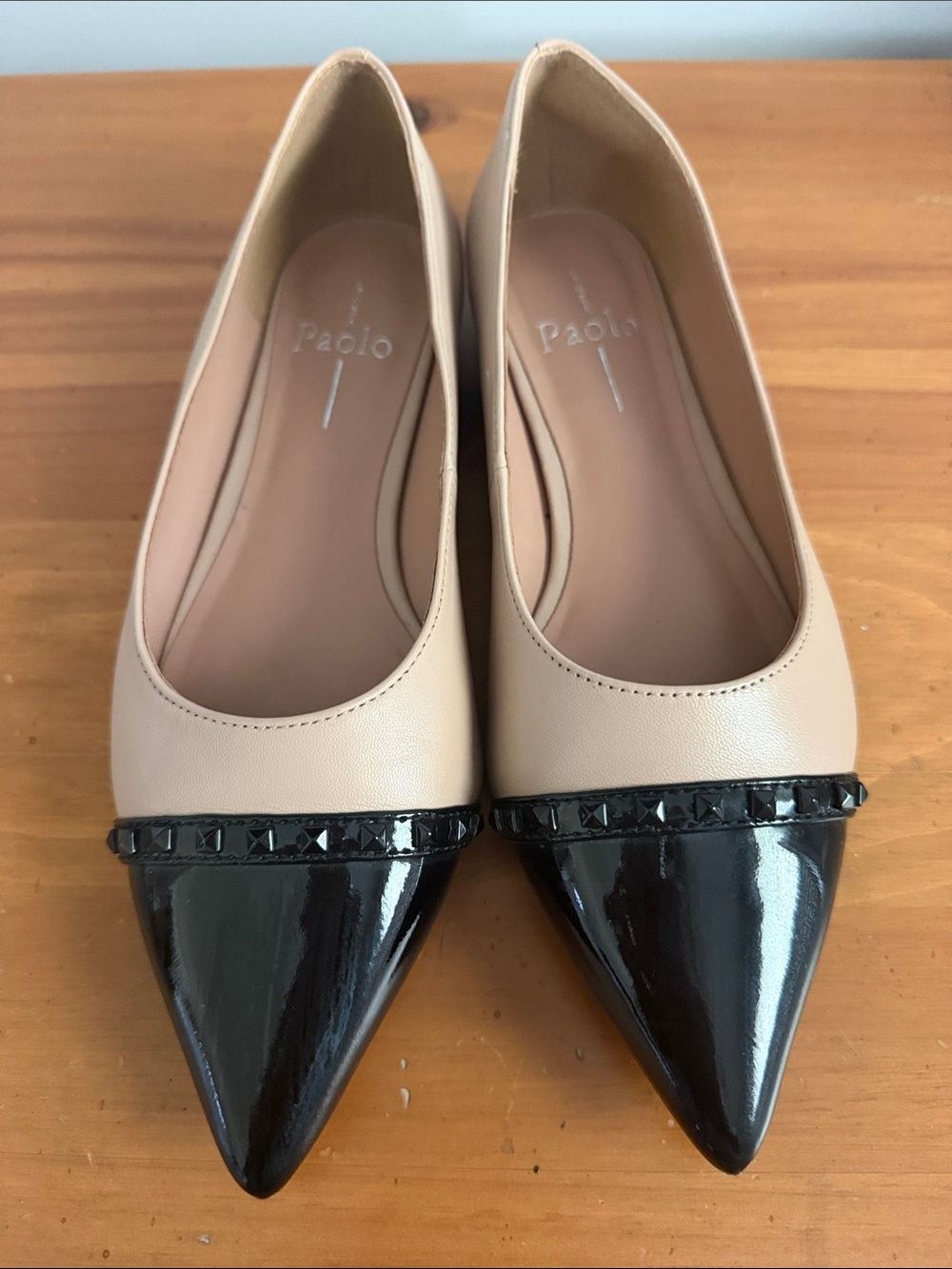 Linea Paolo Two-Tone Pointed Toe Flats in Beige and Black
